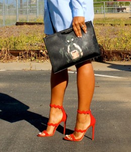 Wearing - Button Down Shirt Dress, Paige Denim Shorts, Prada Scalloped Suede Red Sandals, Givenchy Clutch