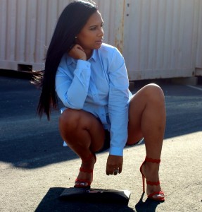 Wearing - Button Down Shirt Dress, Paige Denim Shorts, Prada Scalloped Suede Red Sandals, Givenchy Clutch