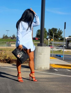 Wearing - Button Down Shirt Dress, Paige Denim Shorts, Prada Scalloped Suede Red Sandals, Givenchy Clutch