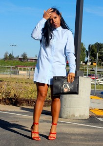 Wearing - Button Down Shirt Dress, Paige Denim Shorts, Prada Scalloped Suede Red Sandals, Givenchy Clutch