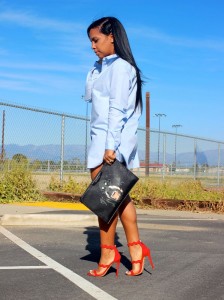 Wearing - Button Down Shirt Dress, Paige Denim Shorts, Prada Scalloped Suede Red Sandals, Givenchy Clutch