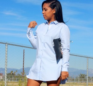 Wearing - Button Down Shirt Dress, Paige Denim Shorts, Prada Scalloped Suede Red Sandals, Givenchy Clutch