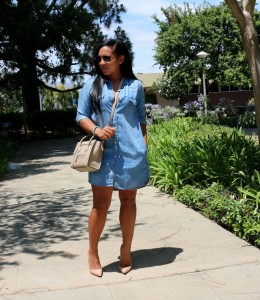 Tanya Major wearing: H&M Denim Dress, Christian Louboutin So Kate pumps, Celine bag and shades