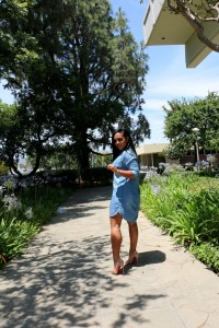 Tanya Major wearing: H&M Denim Dress, Christian Louboutin So Kate pumps, Celine bag and shades