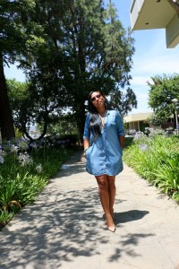 Tanya Major wearing: H&M Denim Dress, Christian Louboutin So Kate pumps, Celine bag and shades