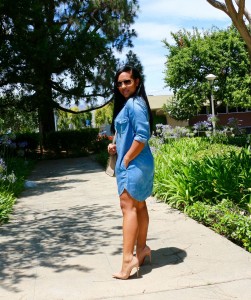 Tanya Major wearing: H&M Denim Dress, Christian Louboutin So Kate pumps, Celine bag and shades