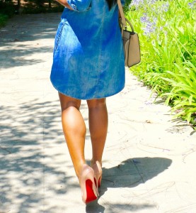 Tanya Major wearing: H&M Denim Dress, Christian Louboutin So Kate pumps, Celine bag and shades