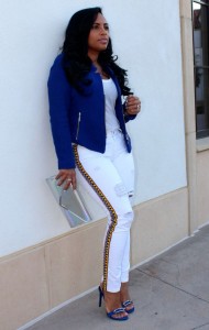 Wearing - blue blazer, White t-shirt, Guess embellished white jeans, Balenciaga blue sandals