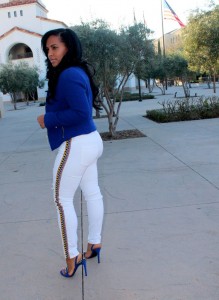 Wearing - blue blazer, Guess embellished white jeans, Balenciaga blue sandals