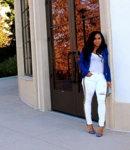 Wearing - blue blazer, White t-shirt, Guess embellished white jeans, Balenciaga blue sandals
