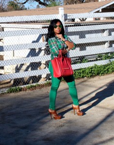 Wearing - plaid green shirt, green colored denim jeans, YSL sandals, Celine bag, Ray Bay Green Mirrored Shades