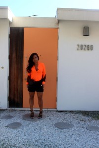 Wearing - Neon Orange Top, Black Shorts, Rupert Sanderson Heels, Gucci cross shoulder bag