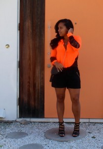 Wearing - Neon Orange Top, Black Shorts, Rupert Sanderson Heels, Gucci cross shoulder bag