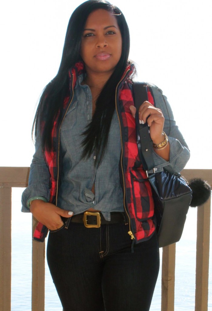 J Crew Excursion Quilted Vest in Buffalo Check, Gap Shirt, Seven for All Man Kind Mid Rise Skinny Jeans