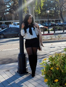 Blouse, Trench Coat, Shorts, Stockings, Wild Fox Shades, Christian Louboutin Boots
