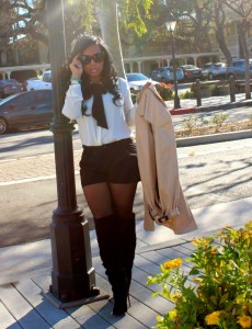 Blouse, Trench Coat, Shorts, Stockings, Wild Fox Shades, Christian Louboutin Boots