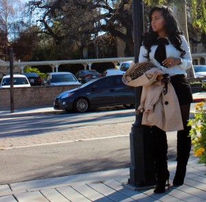 Blouse, Trench Coat, Shorts, Stockings, Wild Fox Shades, Christian Louboutin Boots