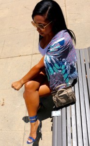 Wearing - BCBG Maxazria Cape, denim shorts, Gucci Ursula high heels, Gap tank