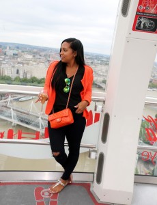 Wearing - F21 T-shirt, J Brand Jeans, Orange Jacket, Chanel handbag, Jeweled Sandals