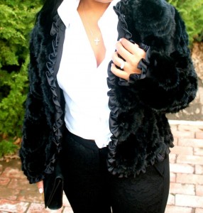 Wearing - Mink Coat, White men’s shirt, DVF Pants, Christian Louboutin Leopard Pumps