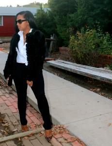 Wearing - Mink Coat, White men’s shirt, DVF Pants, Christian Louboutin Leopard Pumps