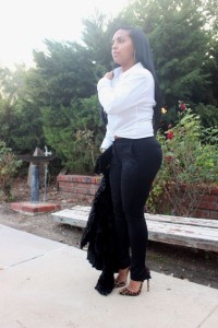 Wearing - Mink Coat, White men’s shirt, DVF Pants, Christian Louboutin Leopard Pumps