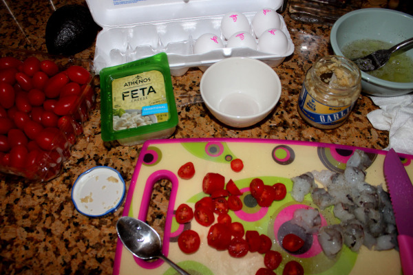 eggs, feta cheese, garlic, shrimp and tomatoes