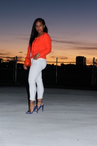 Wearing - Orange Chanel inspired Tweed Jacket by Zara, James Perse Tank, Genetic Denim White Jeans, Balenciaga Sandals