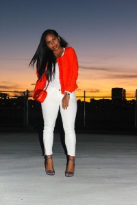 Wearing - Orange Chanel inspired Tweed Jacket by Zara, James Perse Tank, Genetic Denim White Jeans, Balenciaga Sandals
