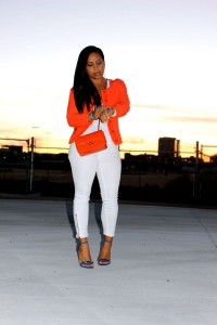Wearing - Orange Chanel inspired Tweed Jacket by Zara, James Perse Tank, Genetic Denim White Jeans, Balenciaga Sandals