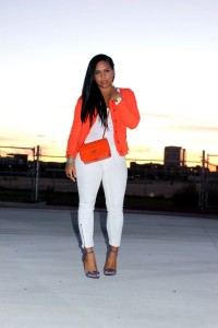 Wearing - Orange Chanel inspired Tweed Jacket by Zara, James Perse Tank, Genetic Denim White Jeans, Balenciaga Sandals