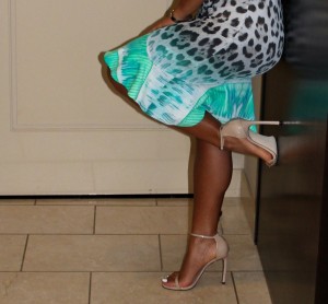 Wearing - Roberto Cavalli Dress, Stuart Weitzman Nude Sandals