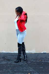 Wearing - Michael Kors Red Leather Moto Jacket, Gap White tee, Joe’s Snake Print Jeans, Jessica Simpson Boots