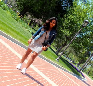 Wearing - Jean Jacket, Striped Dress, Nike Runners, Chanel Purse