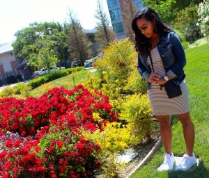 Wearing - Jean Jacket, Striped Dress, Nike Runners, Chanel Purse