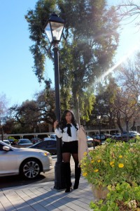 Blouse, Trench Coat, Shorts, Stockings, Wild Fox Shades, Christian Louboutin Boots