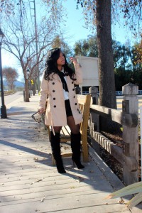 Blouse, Trench Coat, Shorts, Stockings, Wild Fox Shades, Christian Louboutin Boots