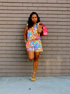 Wearing - Trina Turk Romper, Gucci Heels, and Dior Handbag
