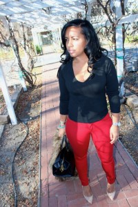 Wearing - fur vest, V-neck sweater, red jeans, Jimmy Choo Pumps, YSL Bag